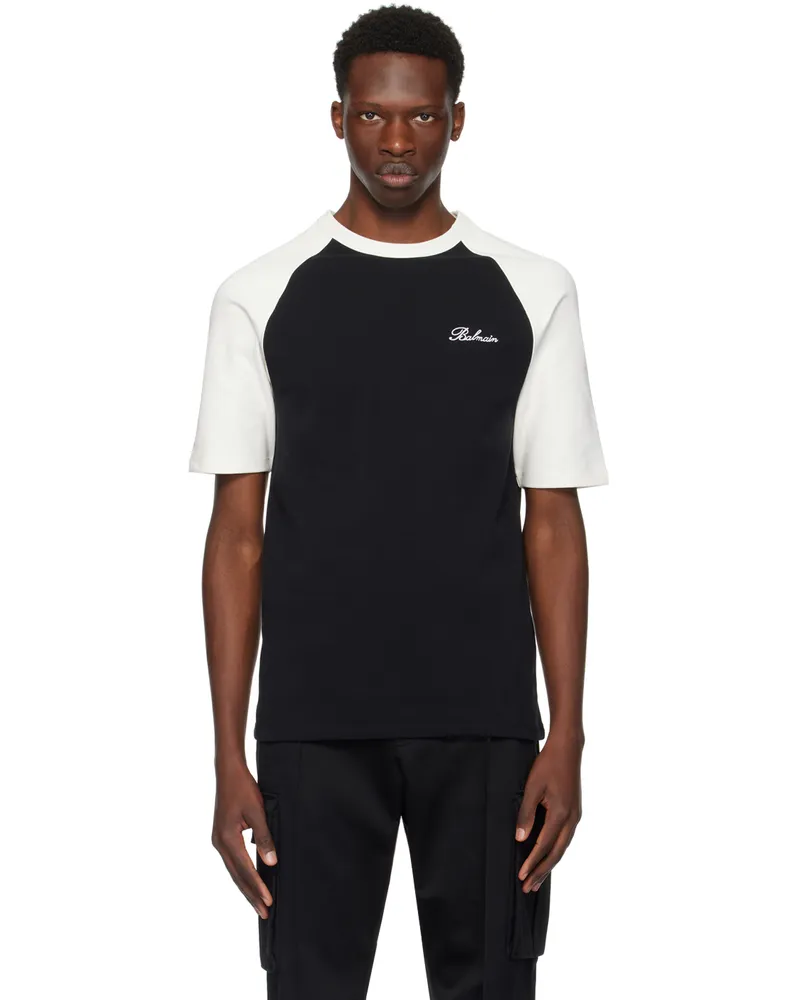 Balmain Black & Off-White Embroidered T-Shirt Eei