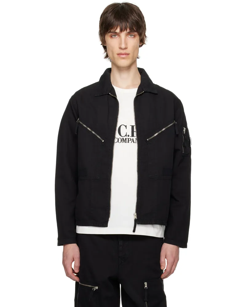C.P. Company Black Cotton Linen Full Zip Overshirt 999