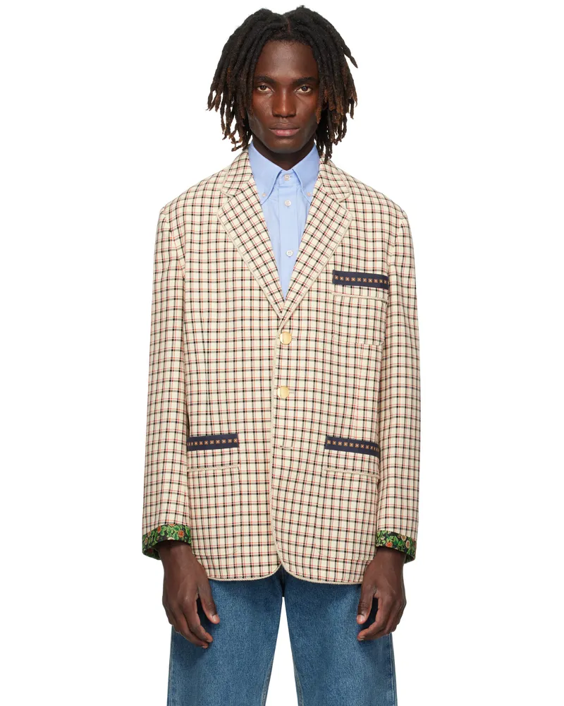 Valentino Garavani Beige Check Pattern Single-Breasted Cotton Blazer Dyc