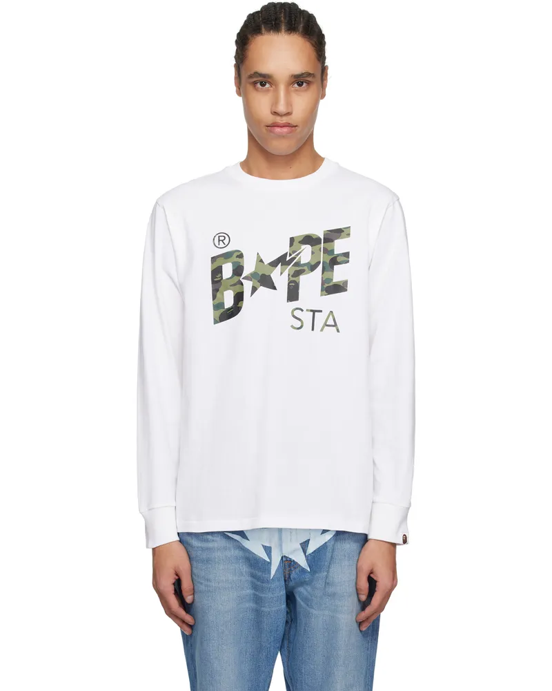 BAPE White 1st Camo 'Bape STA' LS T-shirt Wh0