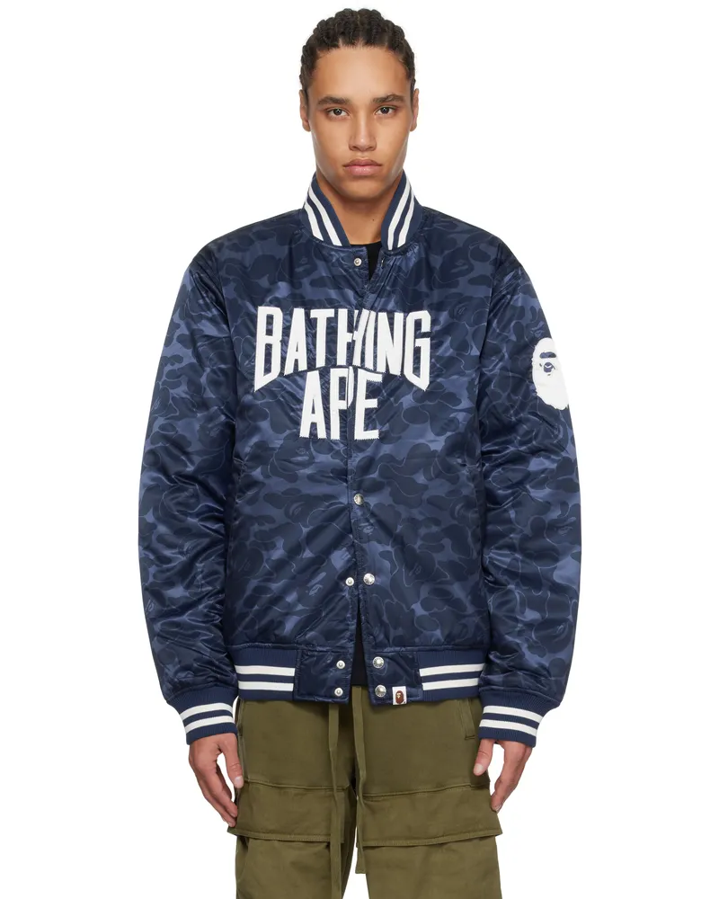 BAPE Navy Solid Camo NYC Logo Varsity Bomber Jacket Navy
