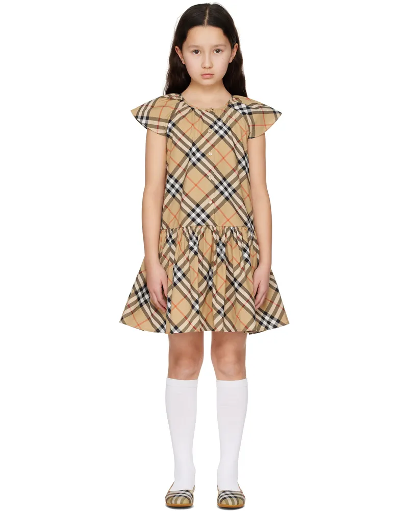 Burberry Kids Beige Check Cotton Dress Sand