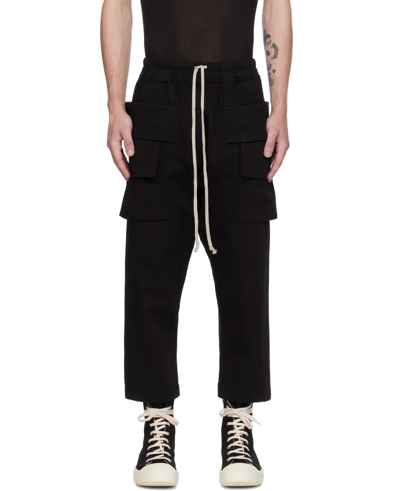DRKSHDW by Rick Owens Black Porterville Creatch Cropped Drawstring Cargo Pants 09