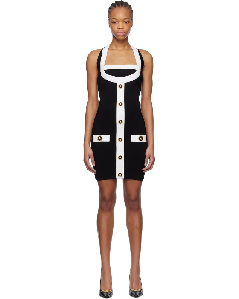 Balmain Black & White Two-Tone Halterneck Knit Minidress Eab
