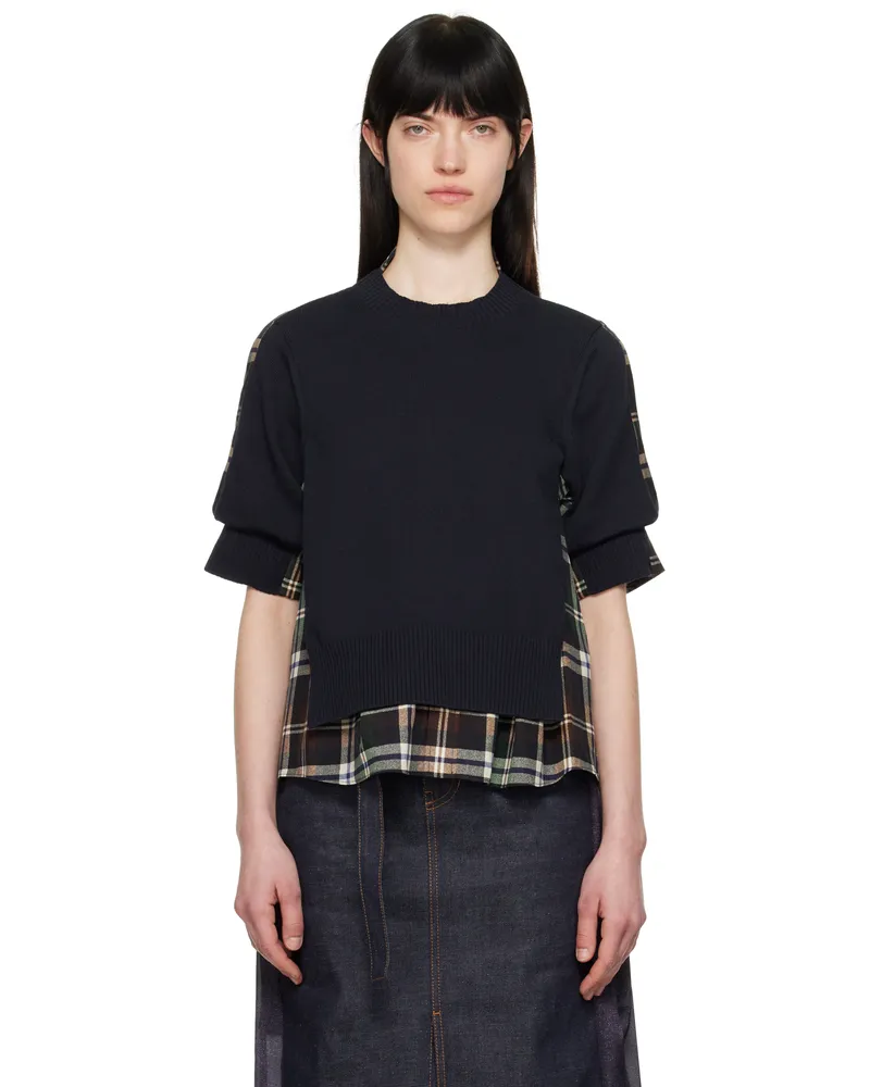 Sacai Navy & Green Plaid Print & Knit Sweater 564