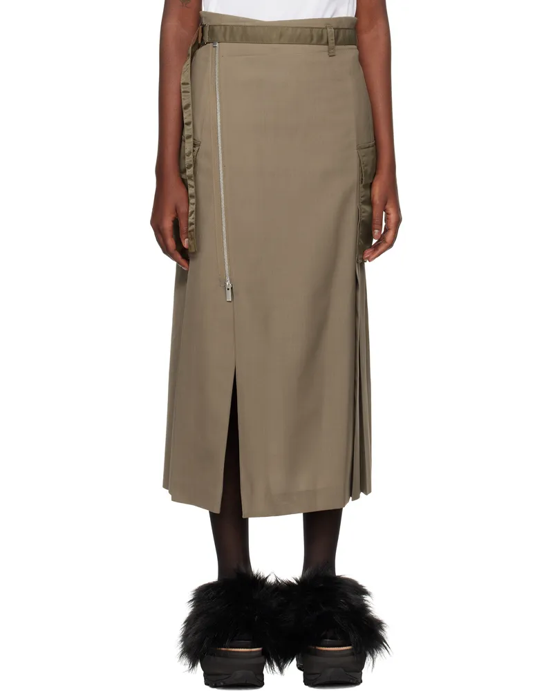 Sacai Khaki Suiting & Nylon Twill Midi Skirt 651