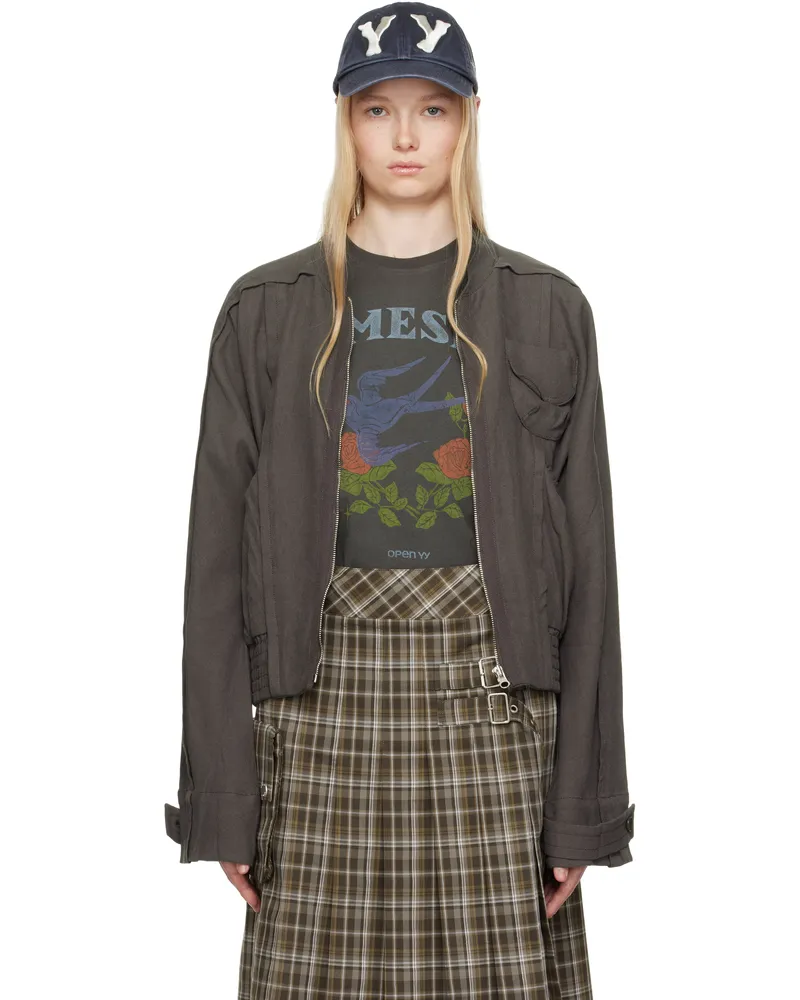 OPEN YY Gray Linen Paneled Bomber Jacket Charcoal