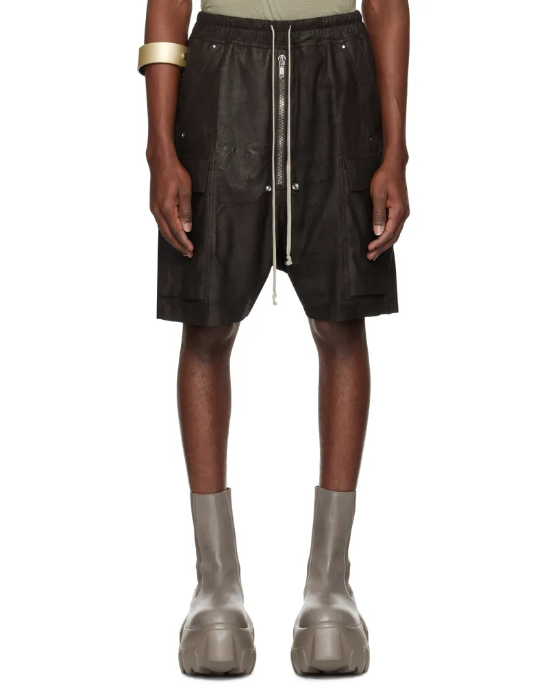 Rick Owens Brown Hollywood Cargobela Leather Cargo Shorts 14