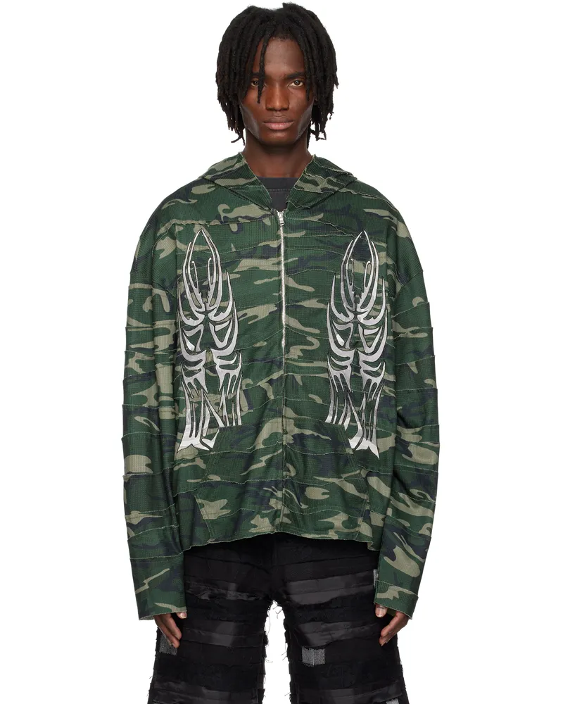 WHO DECIDES WAR Green Winged Wavelength Camo Zip Up Hoodie Olive