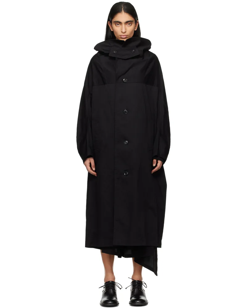 Yohji Yamamoto Black Cotton Twill Long Cape Coat 3