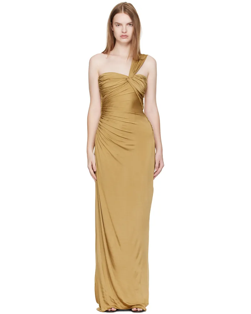 Tom Ford Gold One Shoulder Twist Front Evening Maxi Dress By001