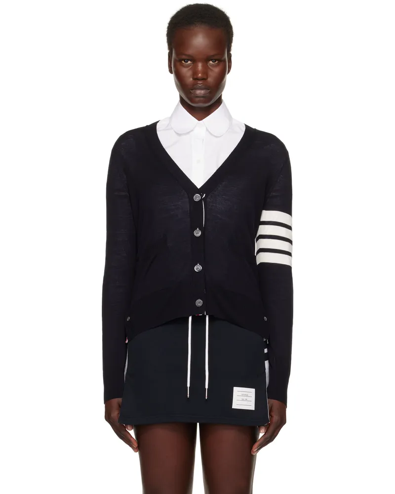 Thom Browne Navy Wool 4-Bar Relaxed V-Neck Cardigan 415