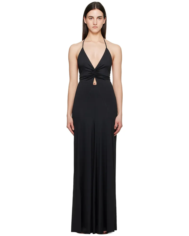 Victoria Beckham Black V-Neck Ruched Cami Maxi Dress Black