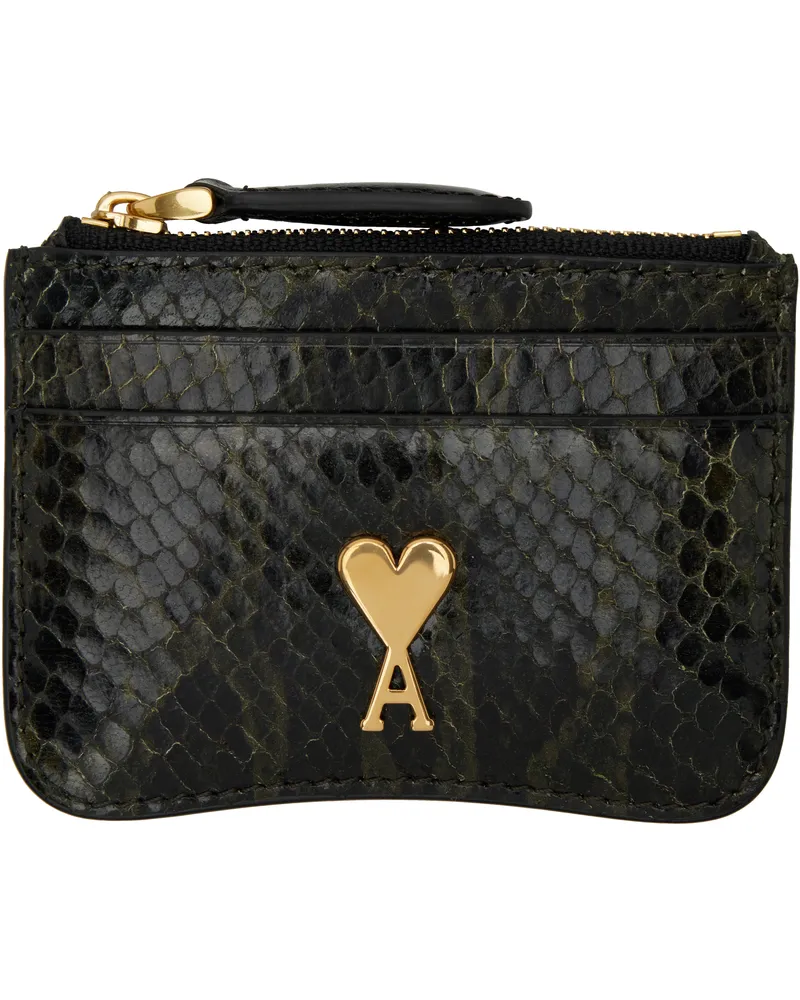 AMI Paris Black & Green Leather Zipped Card Holder Black