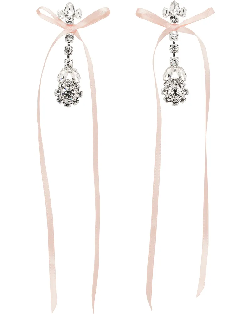 Simone Rocha Silver & Pink Victorian Bow Ribbon Drip Earrings Crystal