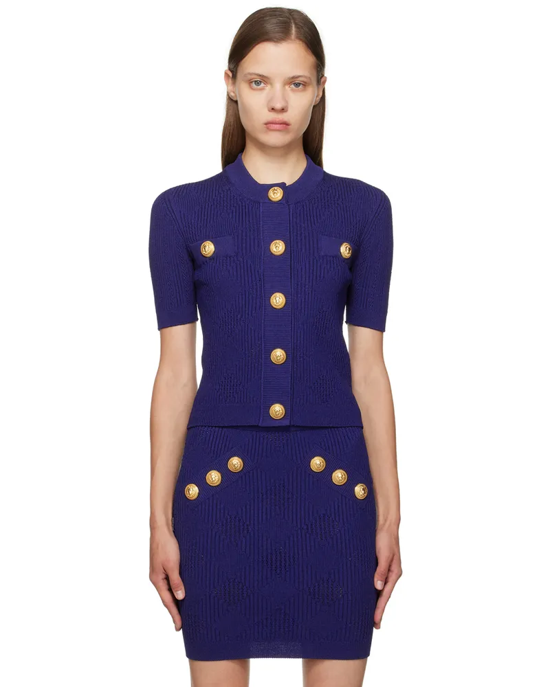 Balmain Blue Vichy Knit Cardigan 6bo