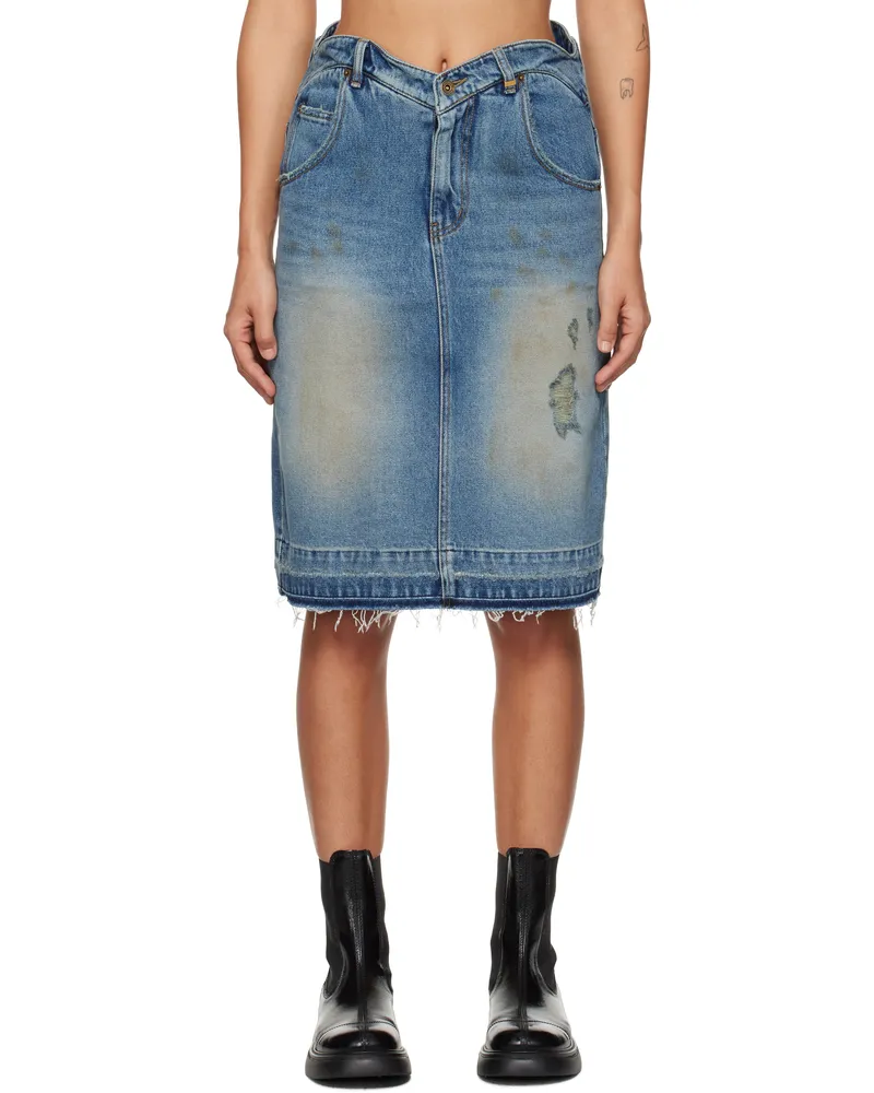 WE 11 DONE Blue Heart Denim Midi Skirt Blue