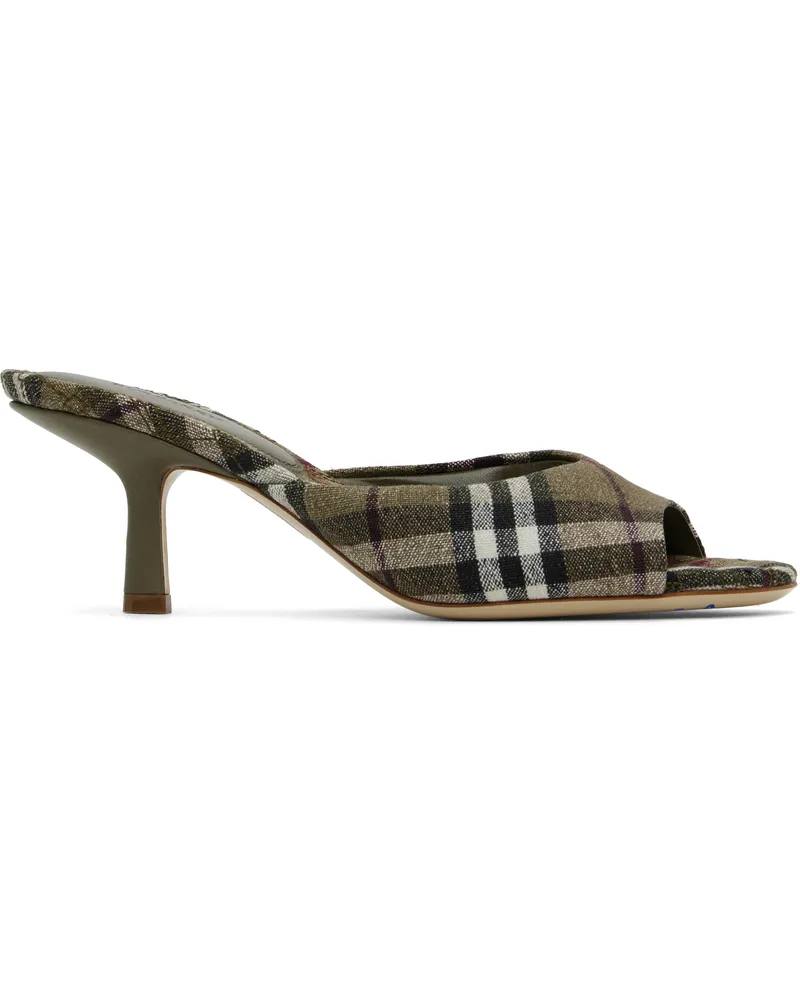 Burberry Khaki Check Linen Blend Mews High Mules Brush