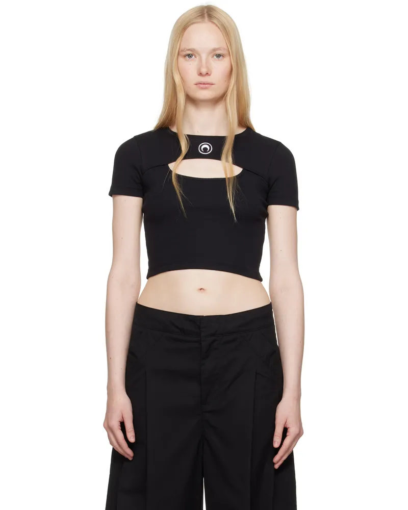Marine Serre Black Moon Logo Ribbed Jersey Cut-Out T-shirt Bk99