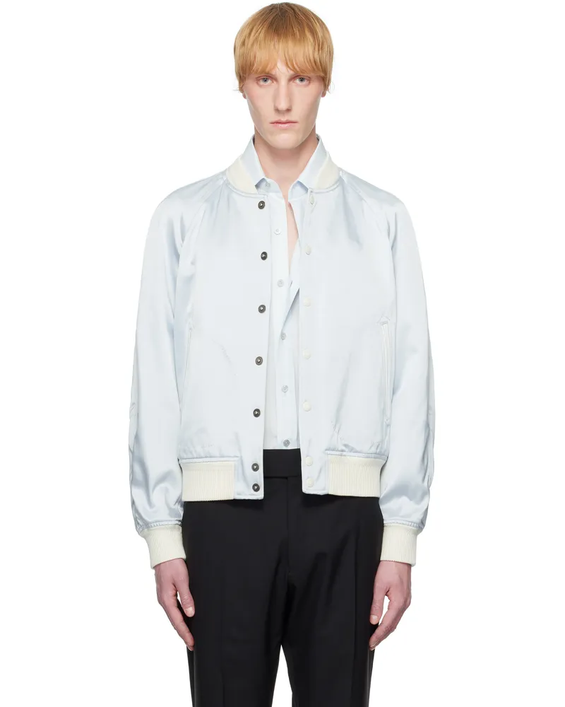 Tom Ford Blue Shiny Satin Bomber Jacket Ice