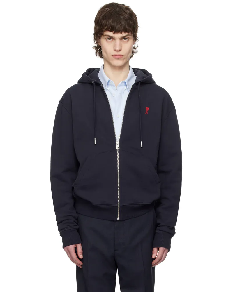 AMI Paris Navy Cotton Ami de Coeur Zipped Hoodie 430