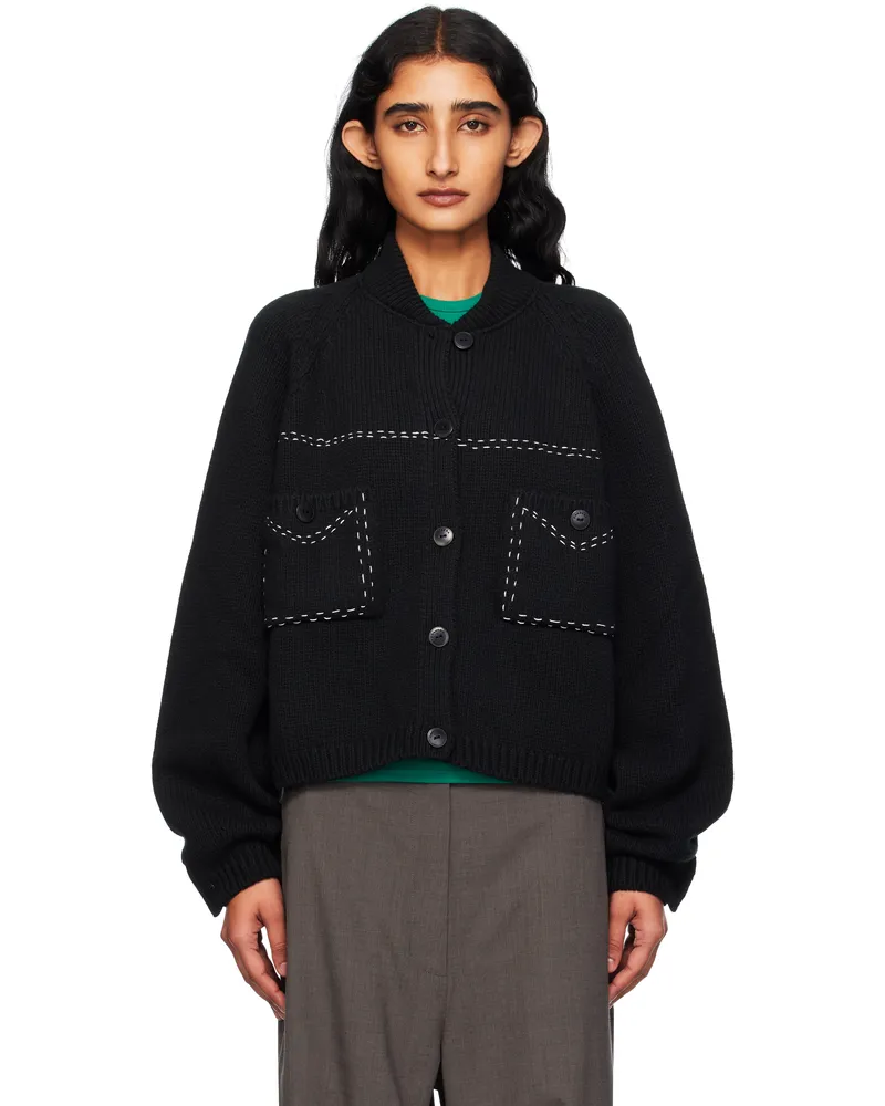 CORDERA Black Merino Wool Stitched Cardigan Black