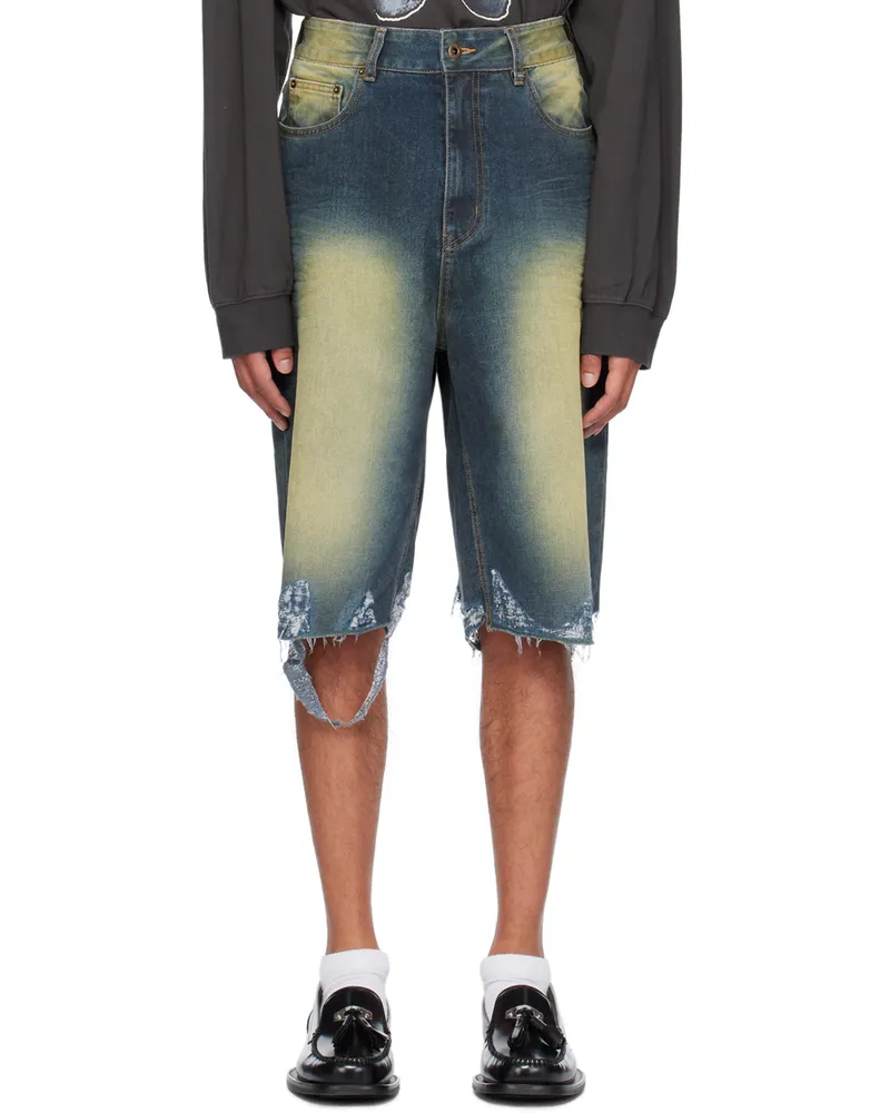 WE 11 DONE Blue Washed Raw Edge Shorts Blue
