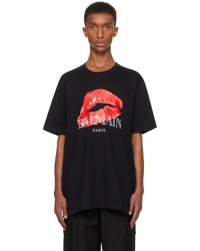 Balmain Black Relaxed Kiss Print T-Shirt Ebl