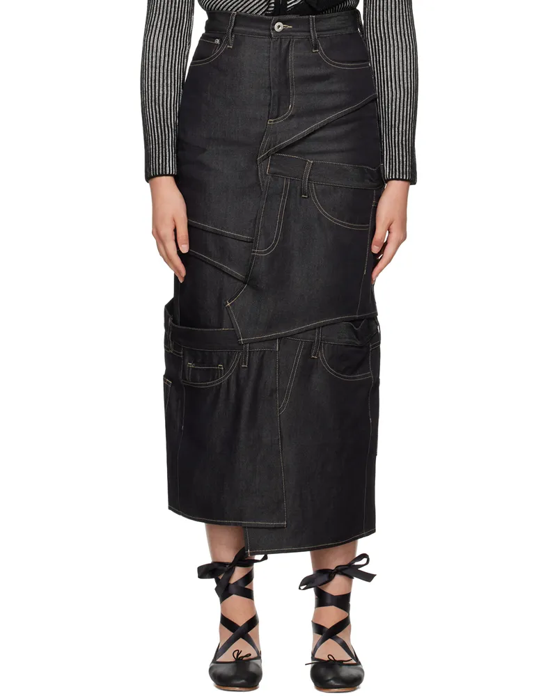 Feng Chen Wang Navy Paneled Denim Midi Skirt Navy