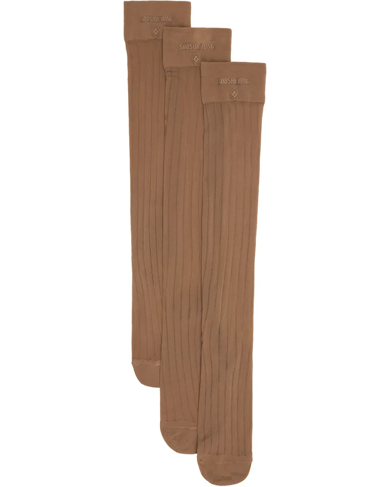 SHUSHU/TONG Three-Pack Tan Knitted Mid-Calf Socks Be100