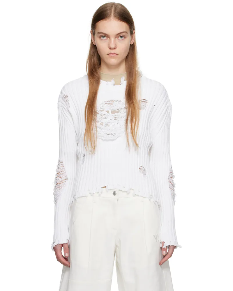 OPEN YY White Damaged Heart Sweater White