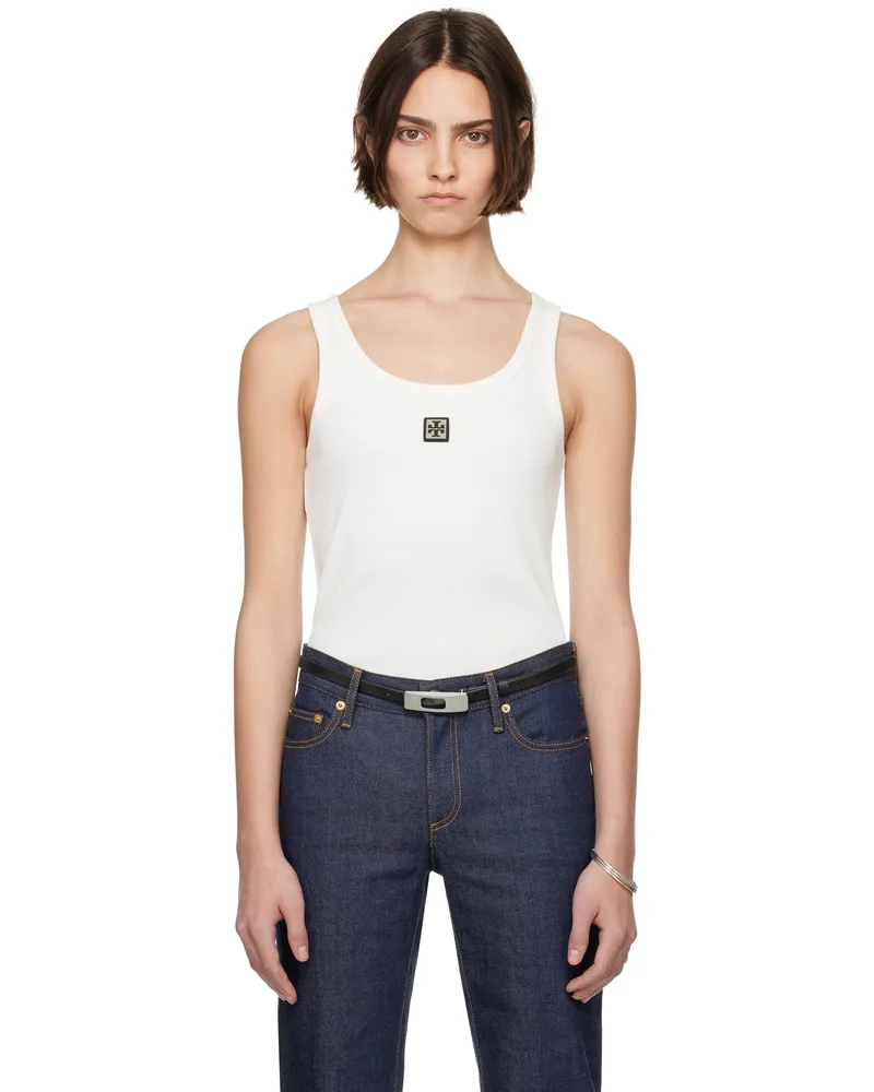 Tory Burch White Metal Logo Cotton Scoop Tank Top Snow