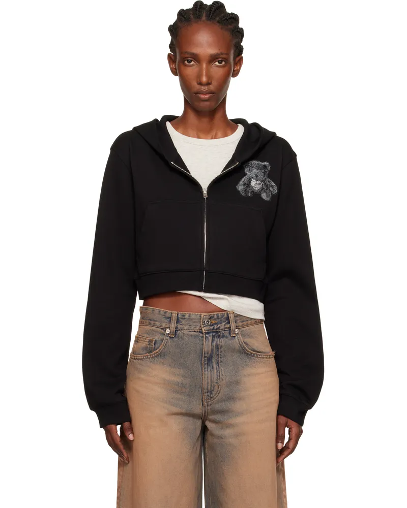 WE 11 DONE Black Teddy Bear Slim-Fit Zip-Up Hoodie Black