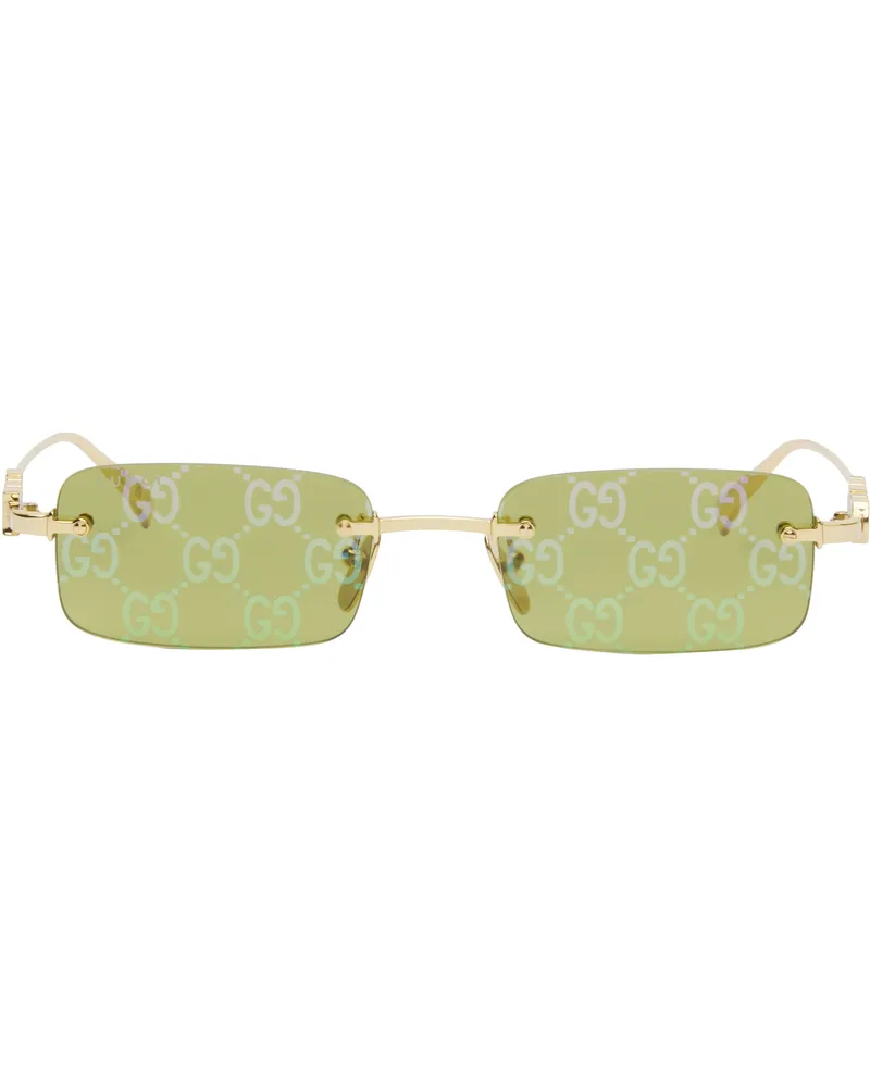 Gucci Gold 'Gucci' Block Rectangular Monogram Sunglasses 002