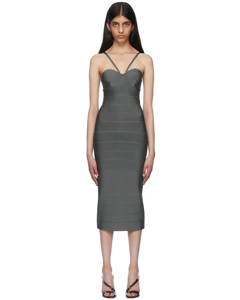 Hervé Léger Gray Recycled Rayon Midi Dress Charcoal