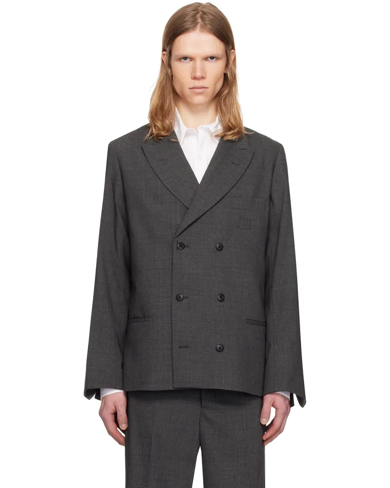 Random Identities Gray Houndstooth Wool Blend Double Breasted Blazer Dark