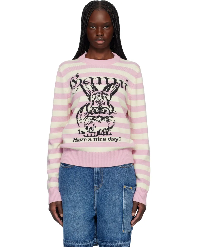 Ganni Pink & White Striped Graphic Wool Bunny Sweater 065