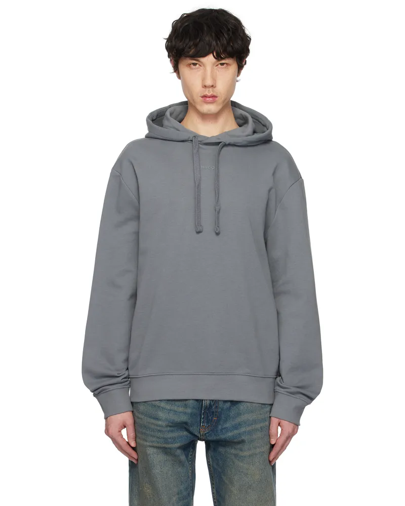 HUGO BOSS Gray Cotton-Terry Relaxed-Fit Hoodie 086-open