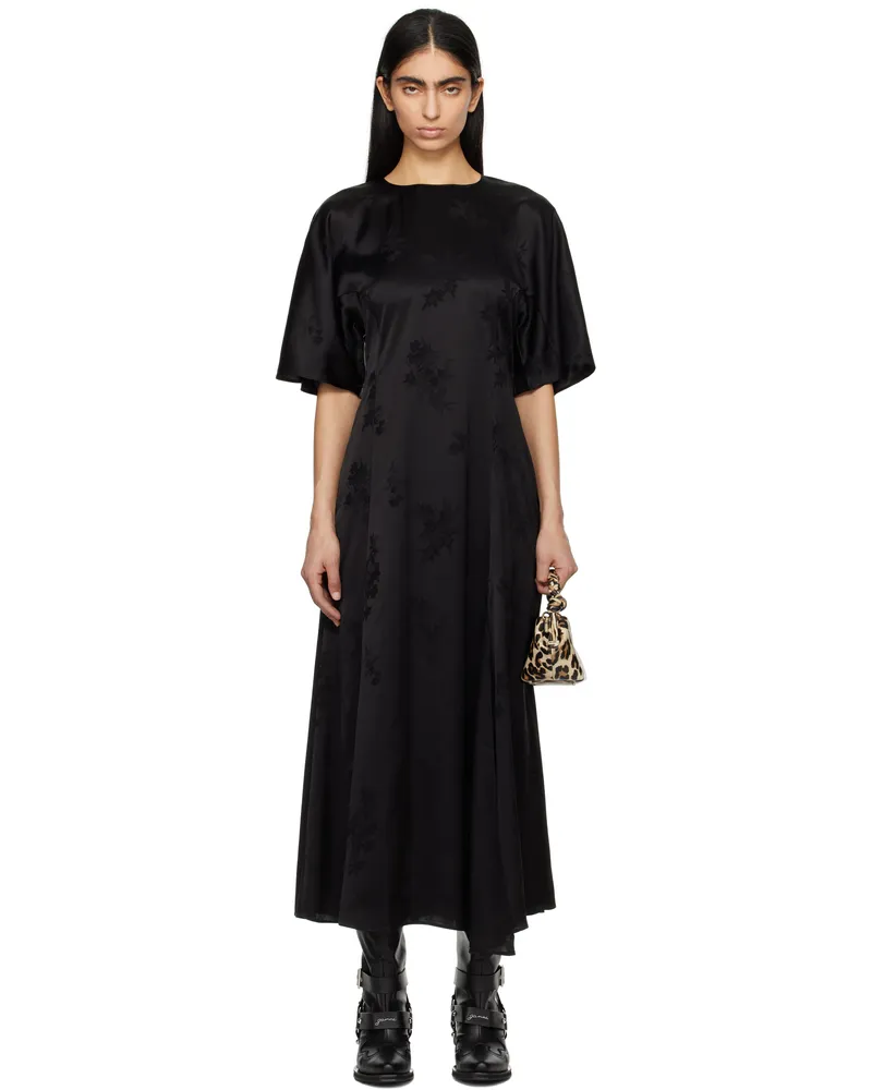 Ganni Black Fluid Satin Jacquard Slit Maxi Dress 099