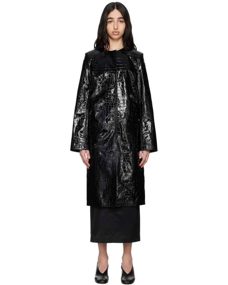 Totême Black Croco-Embossed Leather Coat Black