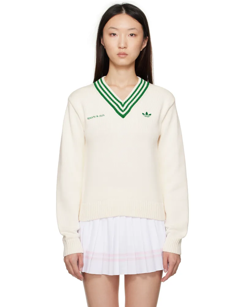 SPORTY & RICH Off-White & Green adidas Originals Edition V-Neck Sweater Off