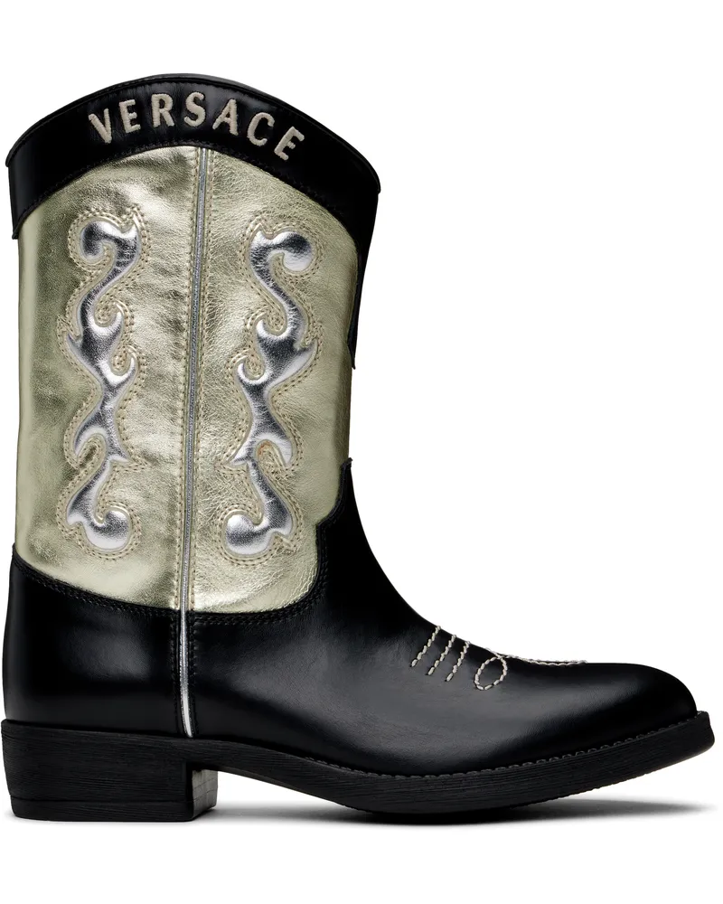 Versace Kids Black & Gold Embroidered Texan Boots 5ba20-nero+oro+argen