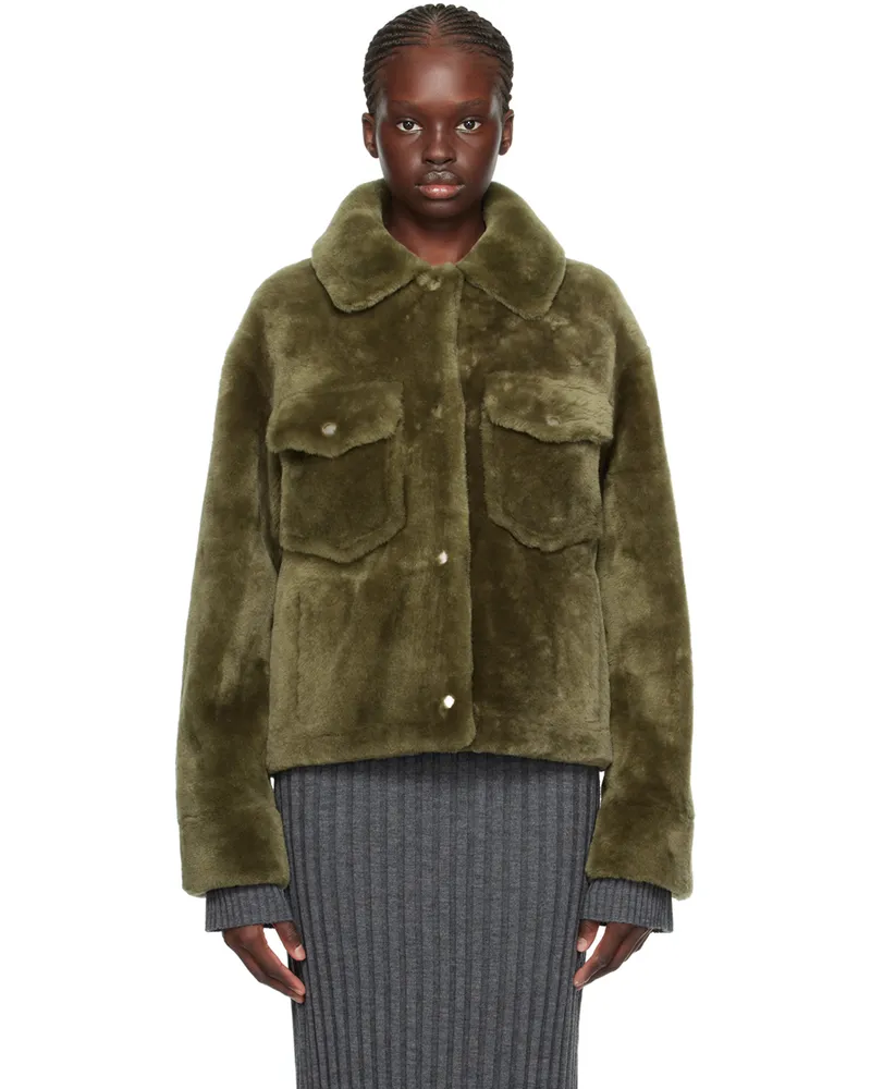 Yves Salomon Khaki Spread Collar Shearling Jacket A8153