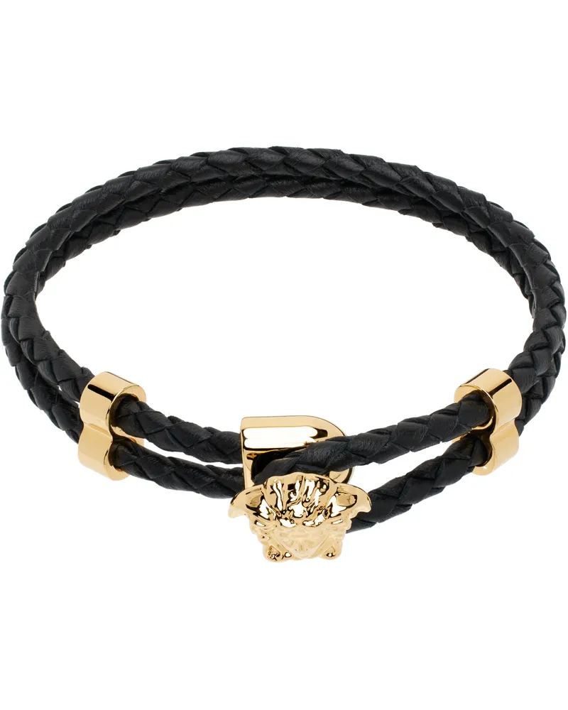 Versace Black Medusa Braided Leather Bracelet D41o-black-gold