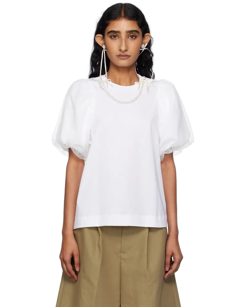 Simone Rocha White Embellished Tulle Overlay Puff Sleeve T-shirt White