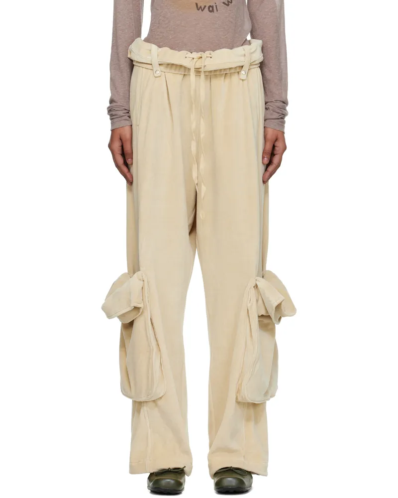 OPEN YY Beige Rolled Waist Velour Cargo Pants Cream
