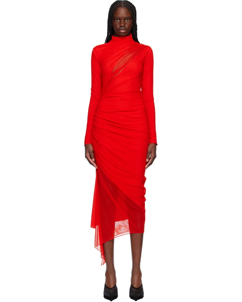 Thierry Mugler Red Asymmetrical Double-Layered Midi Dress 3119