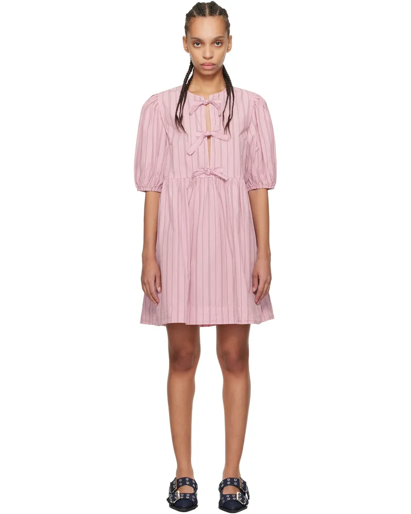 Ganni Pink Stripe Cotton Mini Bow Tie Minidress 395
