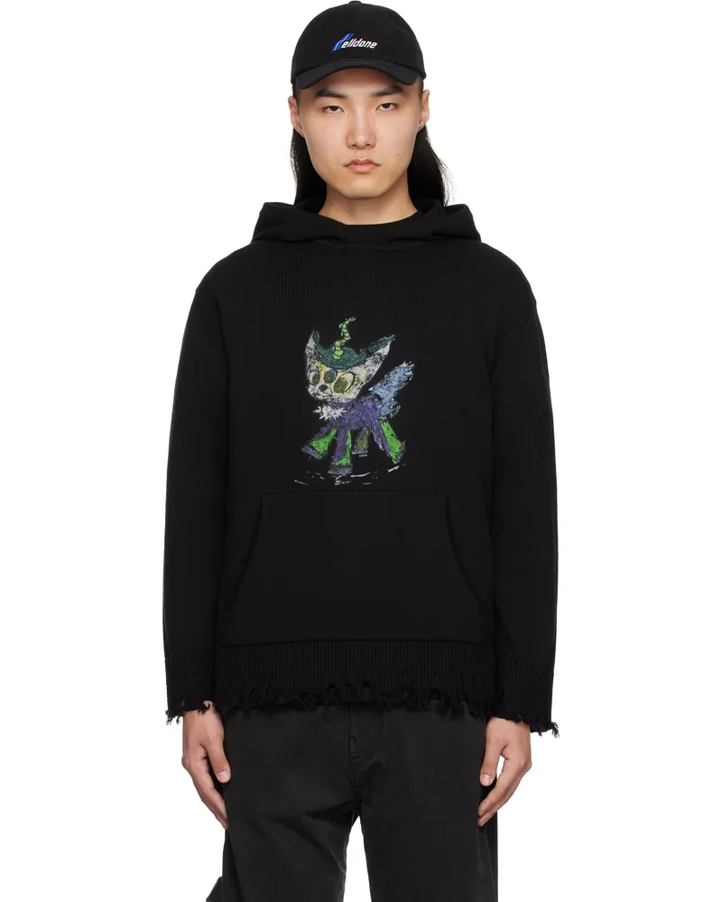 WE 11 DONE Black Grunge Monster Pony Knit Hoodie Black