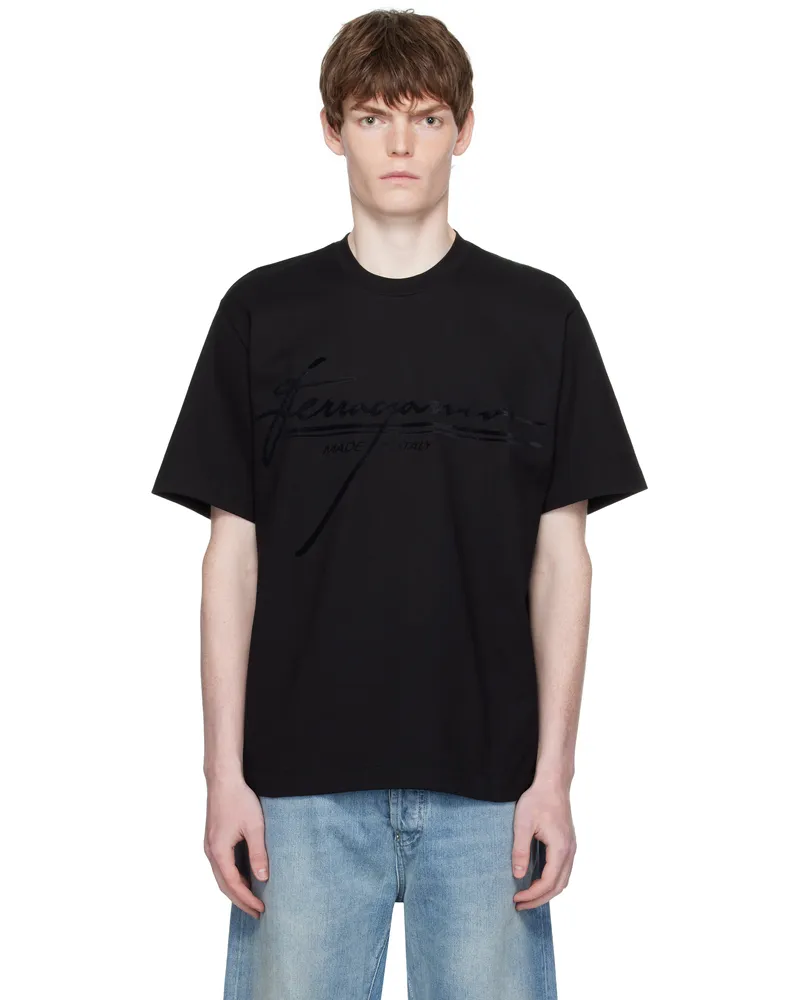 Ferragamo Black Crew Neck Printed Signature T-shirt Nero